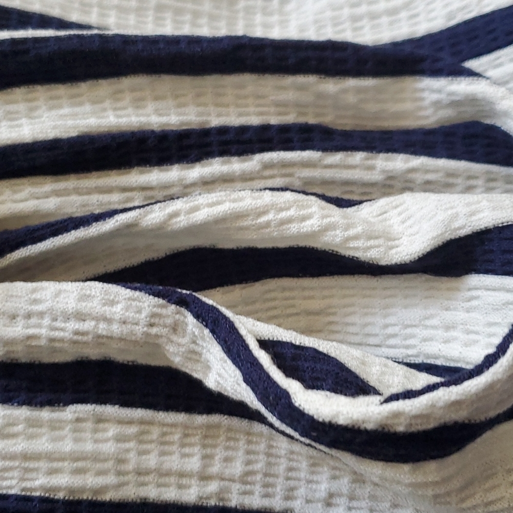Ladies blue white stripe off the shoulder jump suit, elastic waist, side pockets - Picture 5 of 5